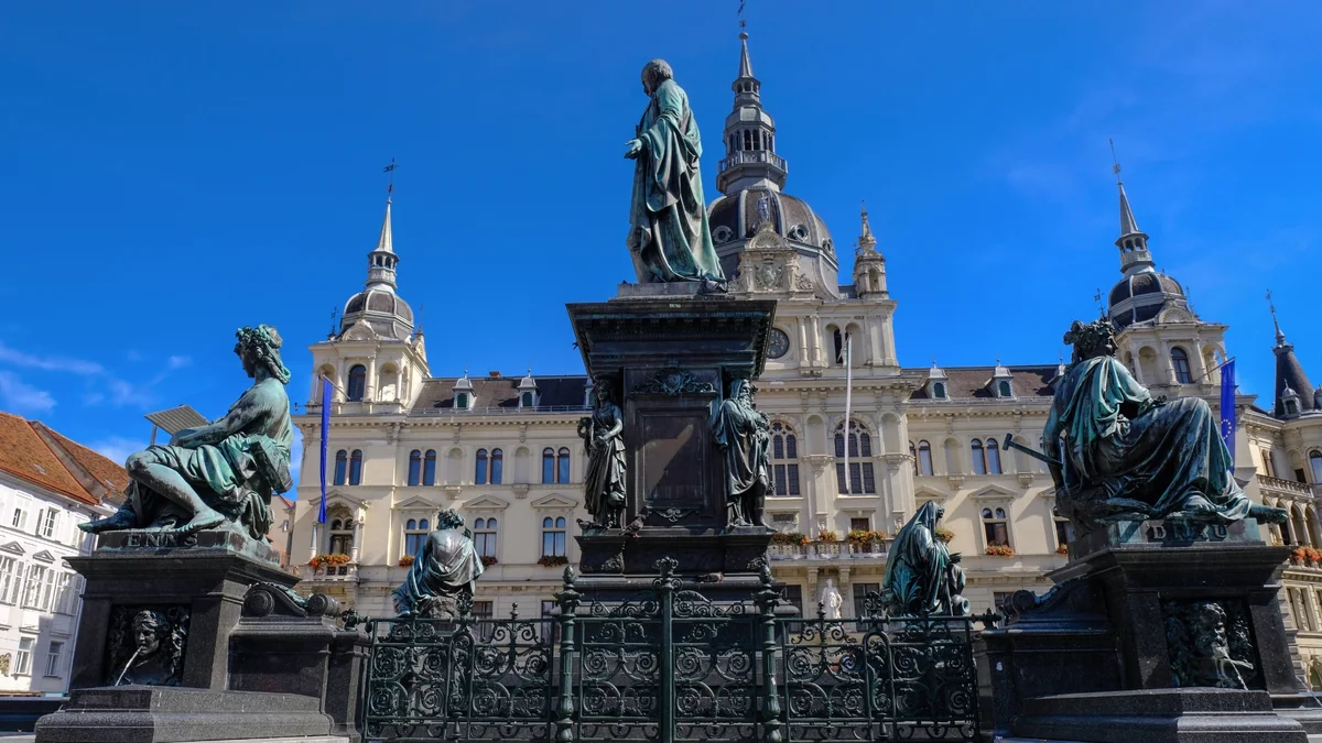 Graz old town view with an escort girl