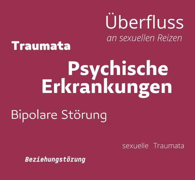 Ein Bild mit den Wörtern Überfluss an sexuellen Reizen, Beziehungsstörung, sexuelle Traumata und weiteren Wörtern